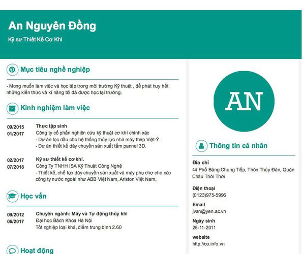 Mẫu CV Kỹ sư Thiết Kế Cơ Khí