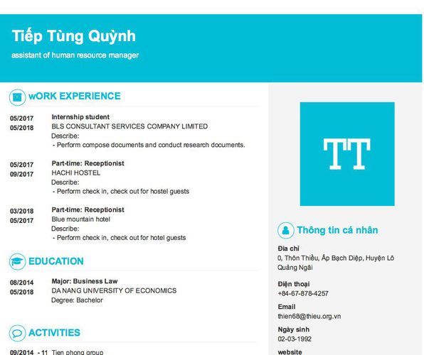 Mẫu CV assistant of human resource manager