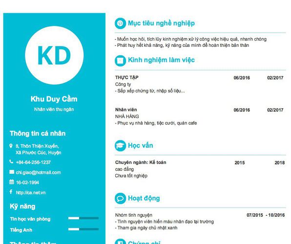 Mẫu CV Nhân viên thu ngân