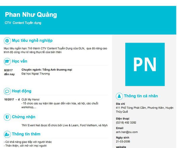 Mẫu CV CTV  Content Tuyển dụng