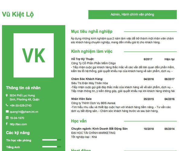 Mẫu CV Admin, Hành chính văn phòng