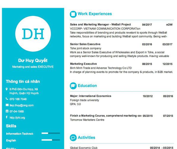 Mẫu CV Marketing and sales EXECUTIVE