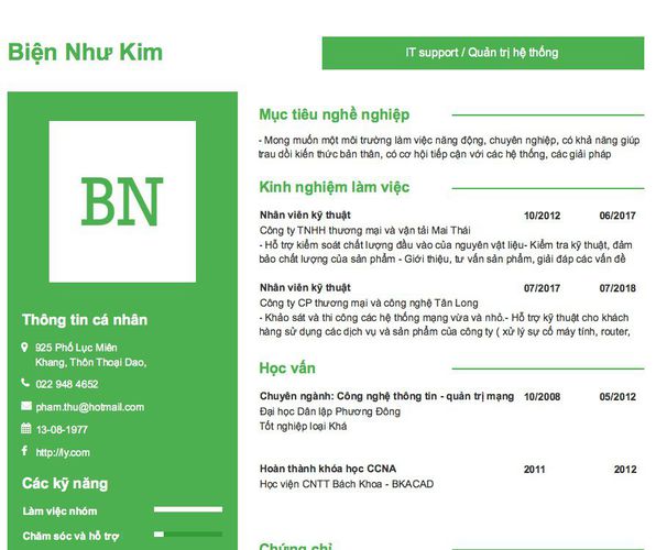 Mẫu CV IT support / Quản trị hệ thống