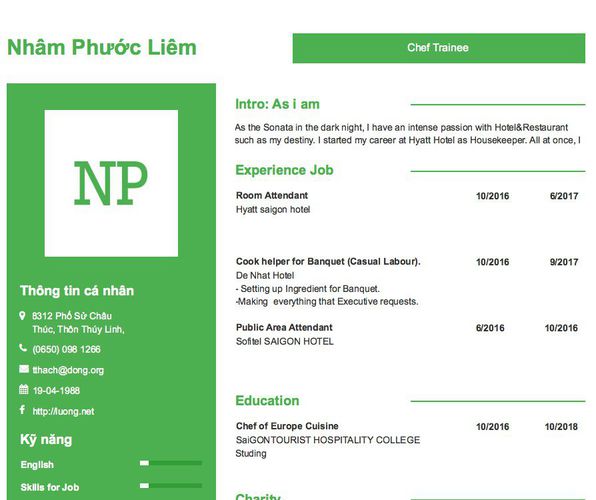 Mẫu CV Chef Trainee