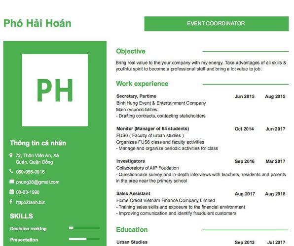 Mẫu CV EVENT COORDINATOR