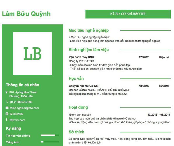 Gợi ý cách viết Mẫu CV tham khảo KỸ SƯ CƠ KHÍ-BẢO TRÌ