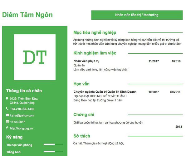 Mẫu CV Nhân viên tiếp thị / Marketing