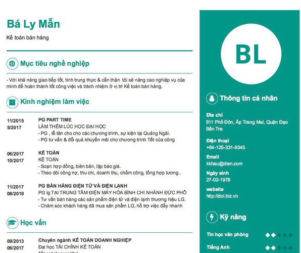 Mẫu CV Kế toán bán hàng