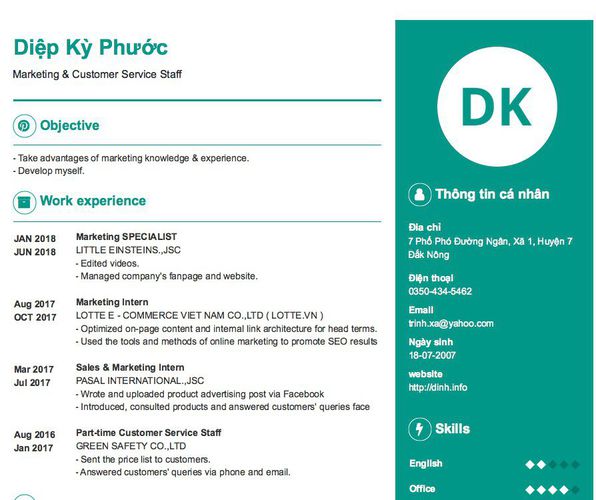 Mẫu CV Marketing & Customer Service Staff