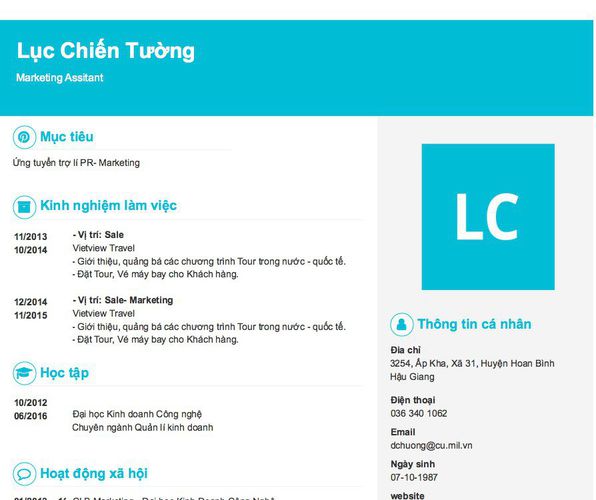Mẫu CV Marketing Assitant