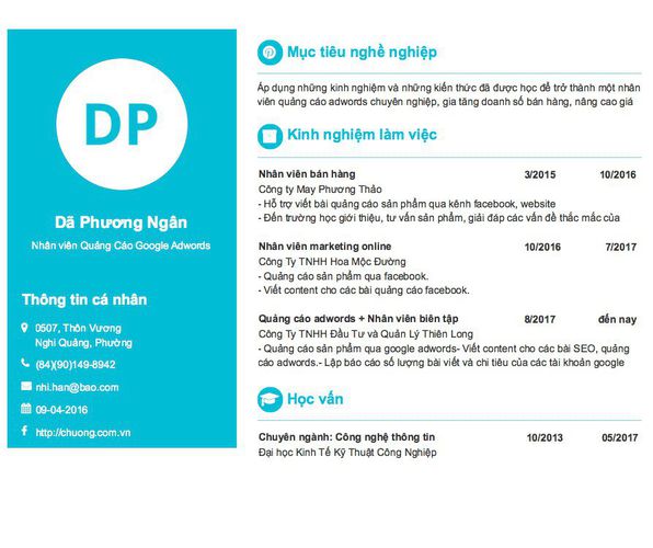 Mẫu CV Nhân viên Quảng Cáo Google Adwords