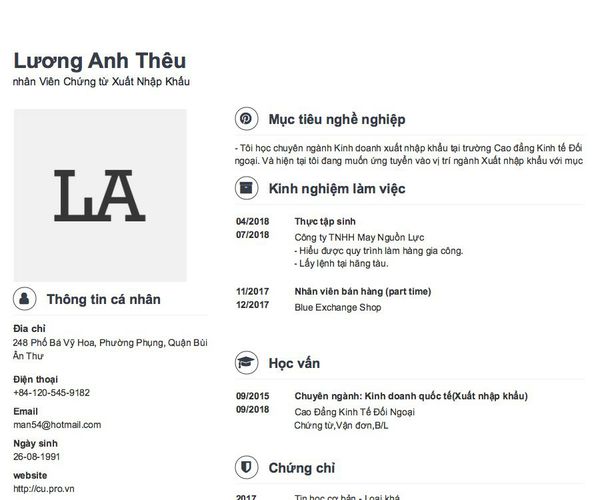Mẫu CV nhân Viên Chứng từ Xuất Nhập Khẩu