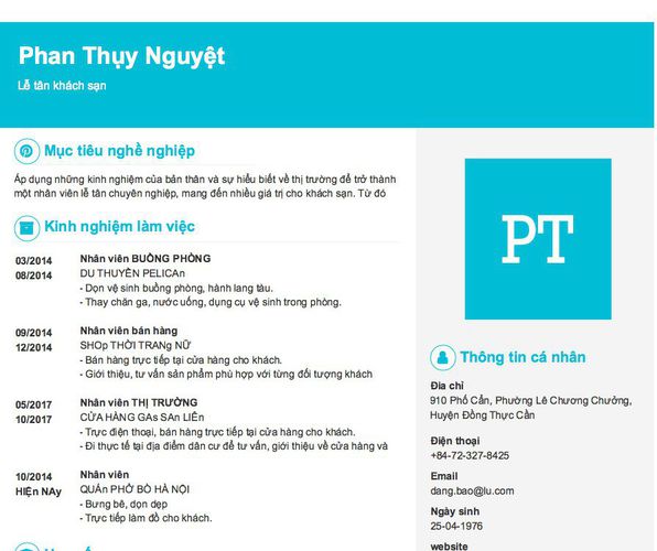 Mẫu CV Lễ tân khách sạn