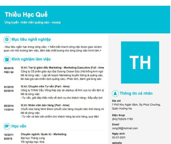 Gợi ý cách viết Mẫu CV tham khảo Ứng tuyển  nhân viên quảng cáo - vccorp