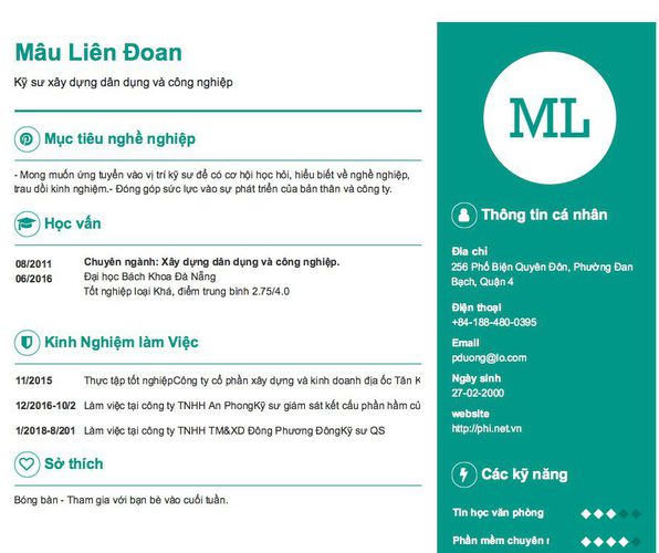 Mẫu CV Kỹ sư xây dựng dân dụng và công nghiệp