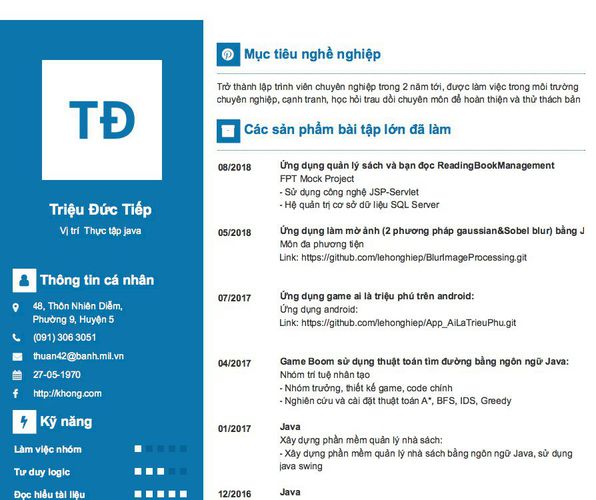 Mẫu CV Vị trí  Thực tập java