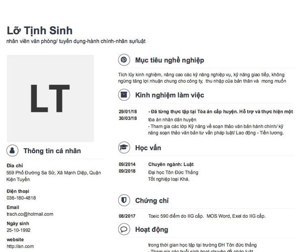 Mẫu CV nhân viên văn phòng/ tuyển dụng-hành chính-nhân sự/luật