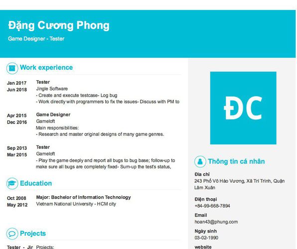 Mẫu CV Game Designer - Tester