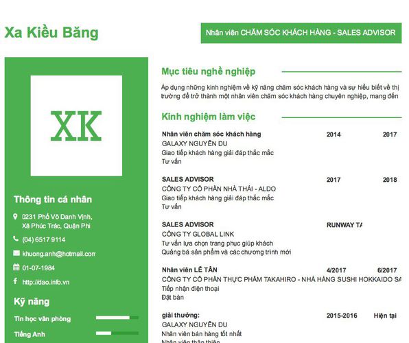 Mẫu CV Nhân viên CHĂM SÓC KHÁCH HÀNG - SALES ADVISOR