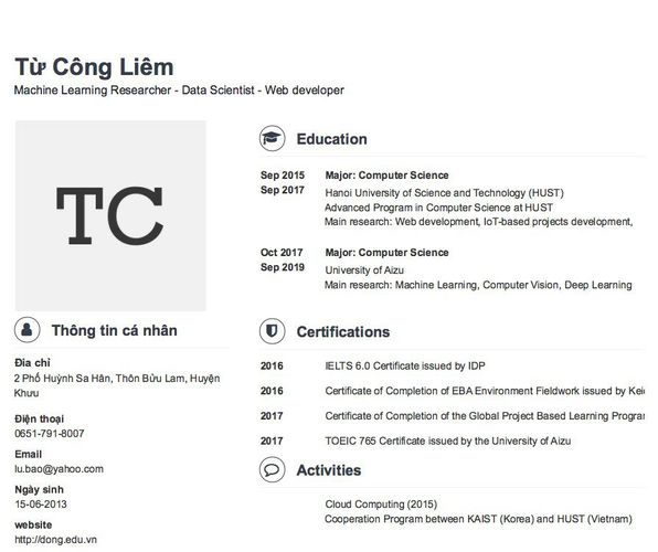 Mẫu CV Machine Learning Researcher - Data Scientist - Web developer
