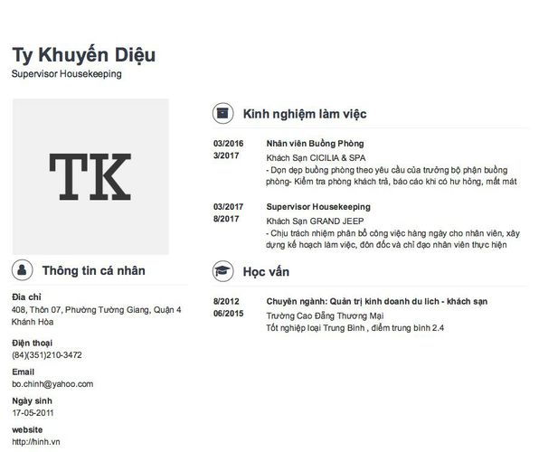Mẫu CV Supervisor Housekeeping