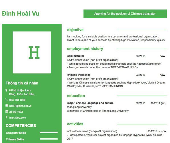 Mẫu CV Applying for the position of Chinese translator