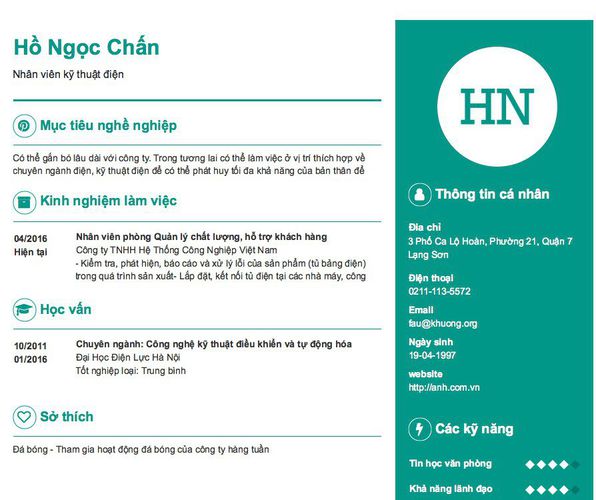Mẫu CV Nhân viên kỹ thuật điện