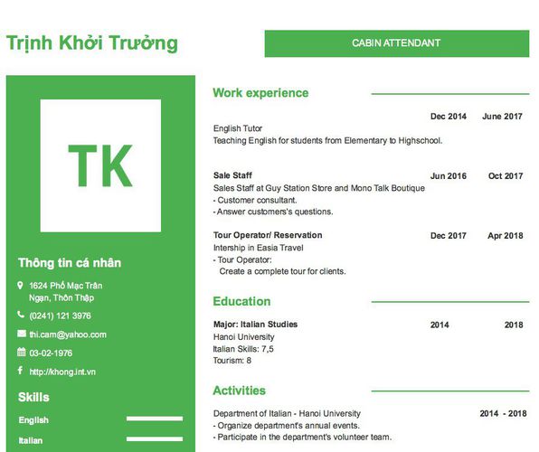 Mẫu CV CABIN ATTENDANT