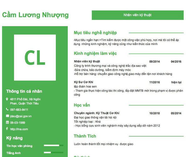 Mẫu CV Nhân viên kỹ thuật