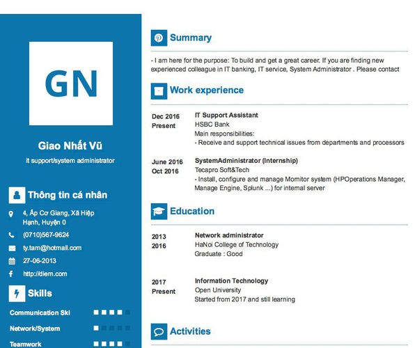 Mẫu CV it support/system administrator