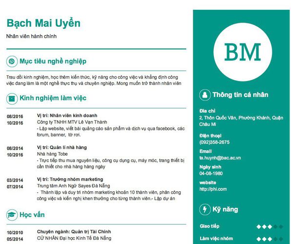 Mẫu CV Nhân viên hành chính
