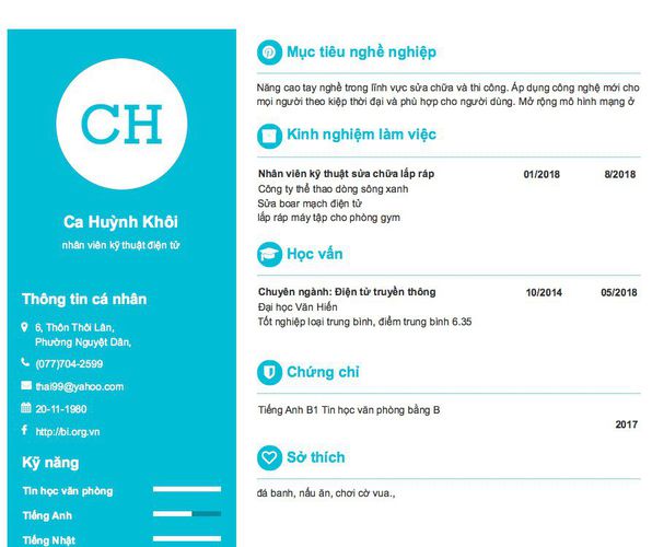 Mẫu CV nhân viên kỹ thuật điện tử