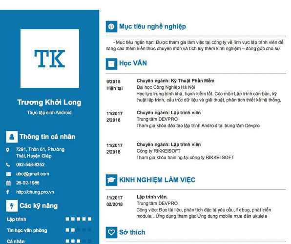 Mẫu CV Thực tập sinh Android