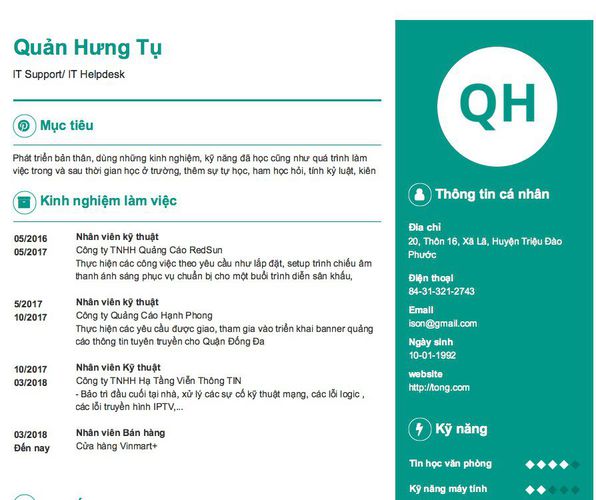Mẫu CV IT Support/ IT Helpdesk