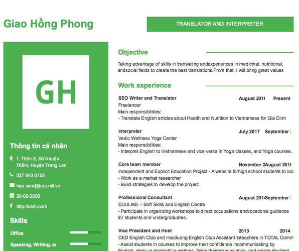 Mẫu CV TRANSLATOR AND INTERPRETER
