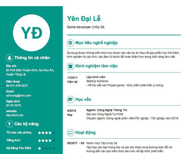 Mẫu CV Game developer Unity 3d.