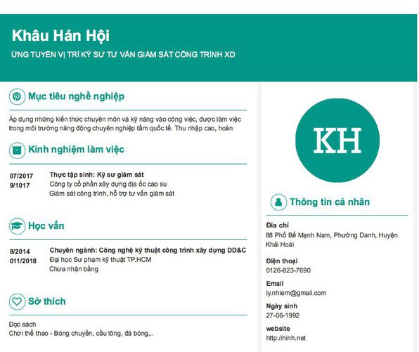 Mẫu CV ỨNG TUYỂN VỊ TRÍ KỸ SƯ TƯ VẤN GIÁM SÁT CÔNG TRÌNH XD
