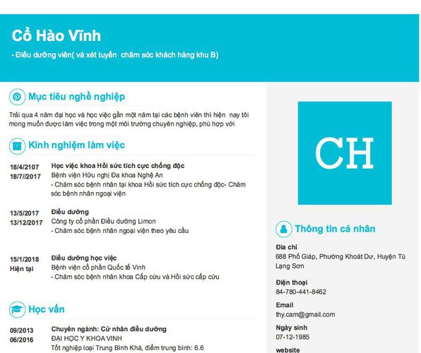 Gợi ý cách viết Mẫu CV tham khảo - Điều dưỡng viên( và xét tuyển  chăm sóc khách hàng khu B)