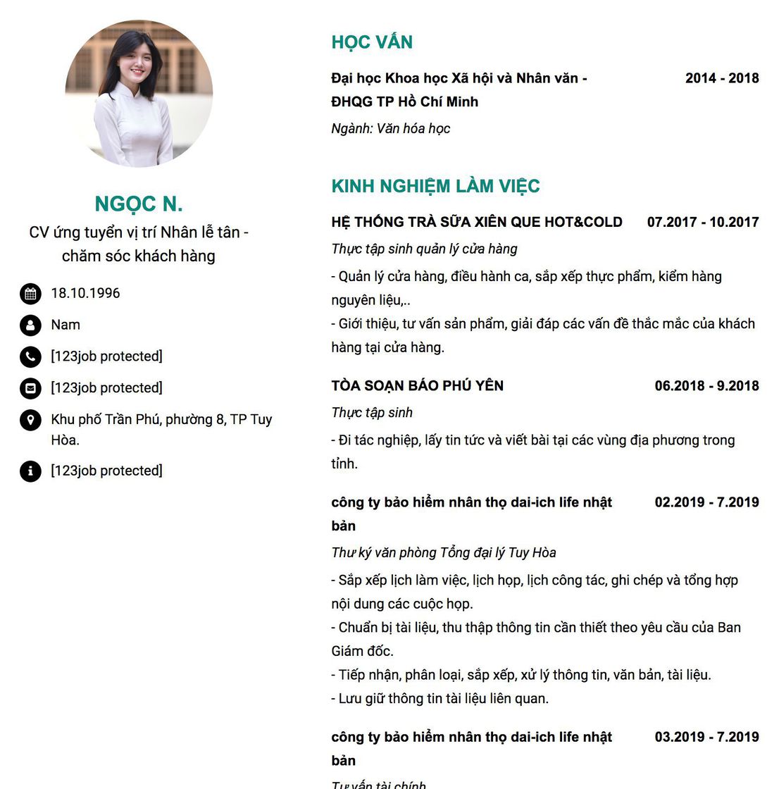 Gợi ý cách viết Mẫu CV tham khảo CV ứng tuyển vị trí Nhân lễ tân - chăm sóc khách hàng 