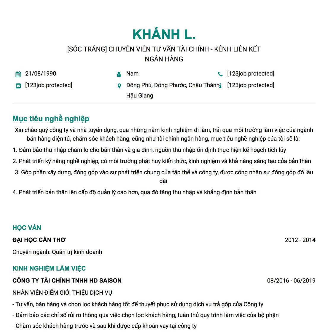Gợi ý cách viết Mẫu CV tham khảo [Sóc Trăng] Chuyên Viên Tư Vấn Tài Chính - Kênh Liên Kết Ngân Hàng 