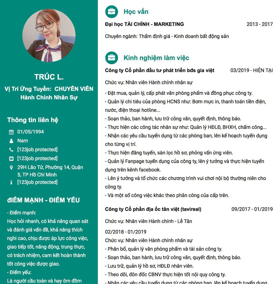 Gợi ý cách viết Mẫu CV tham khảo vị trí ứng tuyển:&nbsp; CHUYÊN VIÊN hành chính nhân sự 