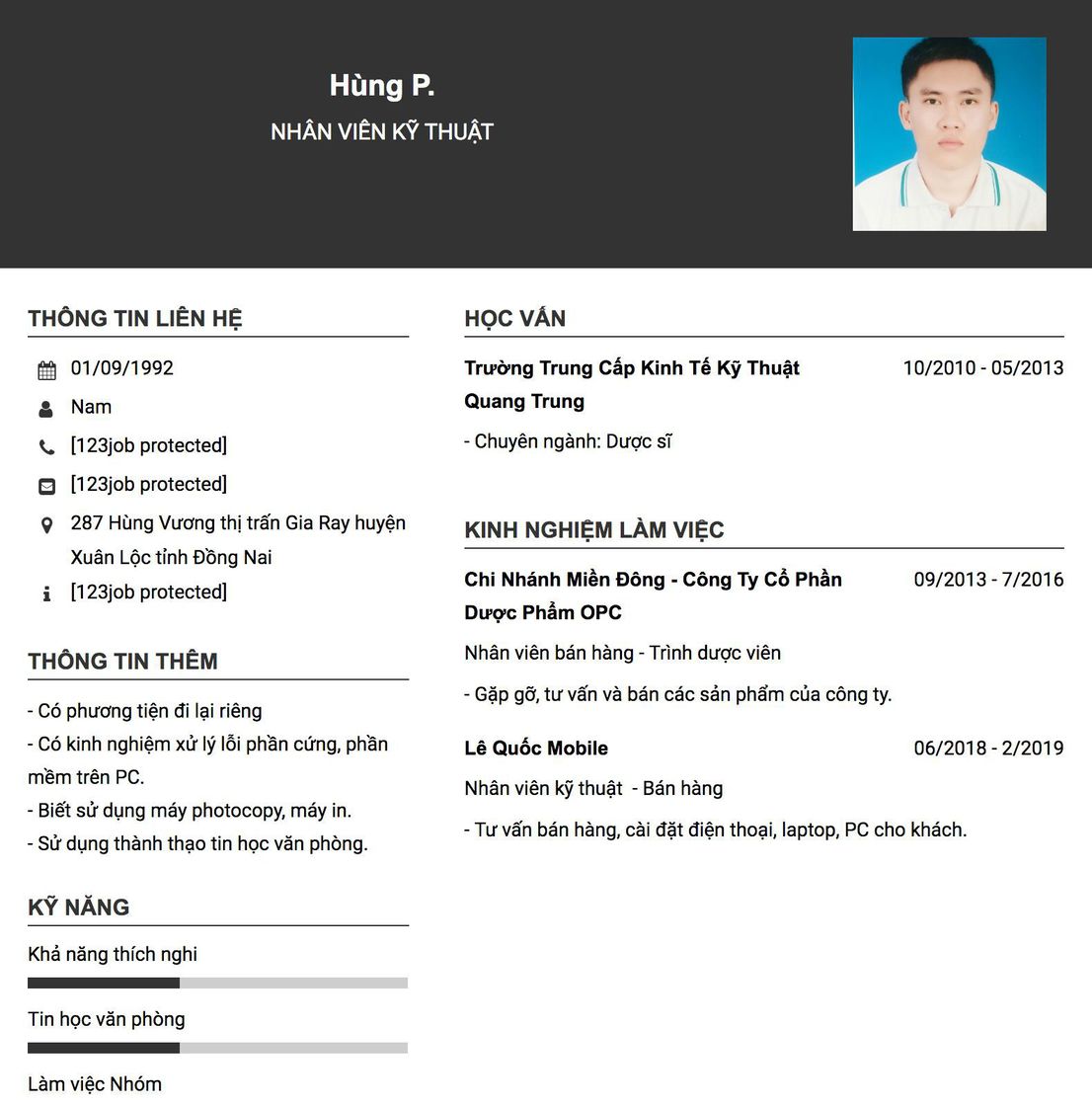 Gợi ý cách viết Mẫu CV tham khảo Nhân viên kỹ thuật 
