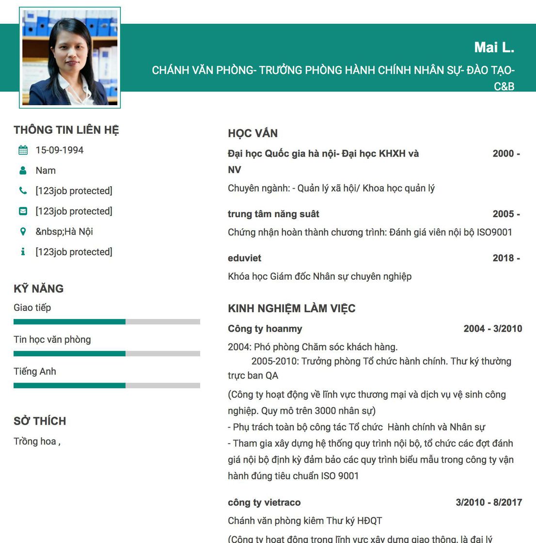 Gợi ý cách viết Mẫu CV tham khảo Chánh văn phòng- Trưởng phòng Hành chính Nhân sự- Đào tạo- C&amp;B 