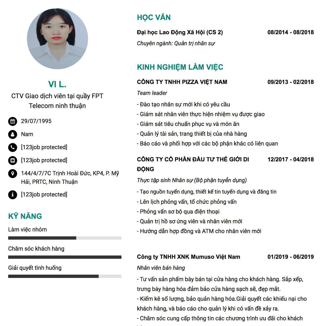 Gợi ý cách viết Mẫu CV tham khảo CTV Giao dịch viên tại quầy FPT Telecom ninh thuận 