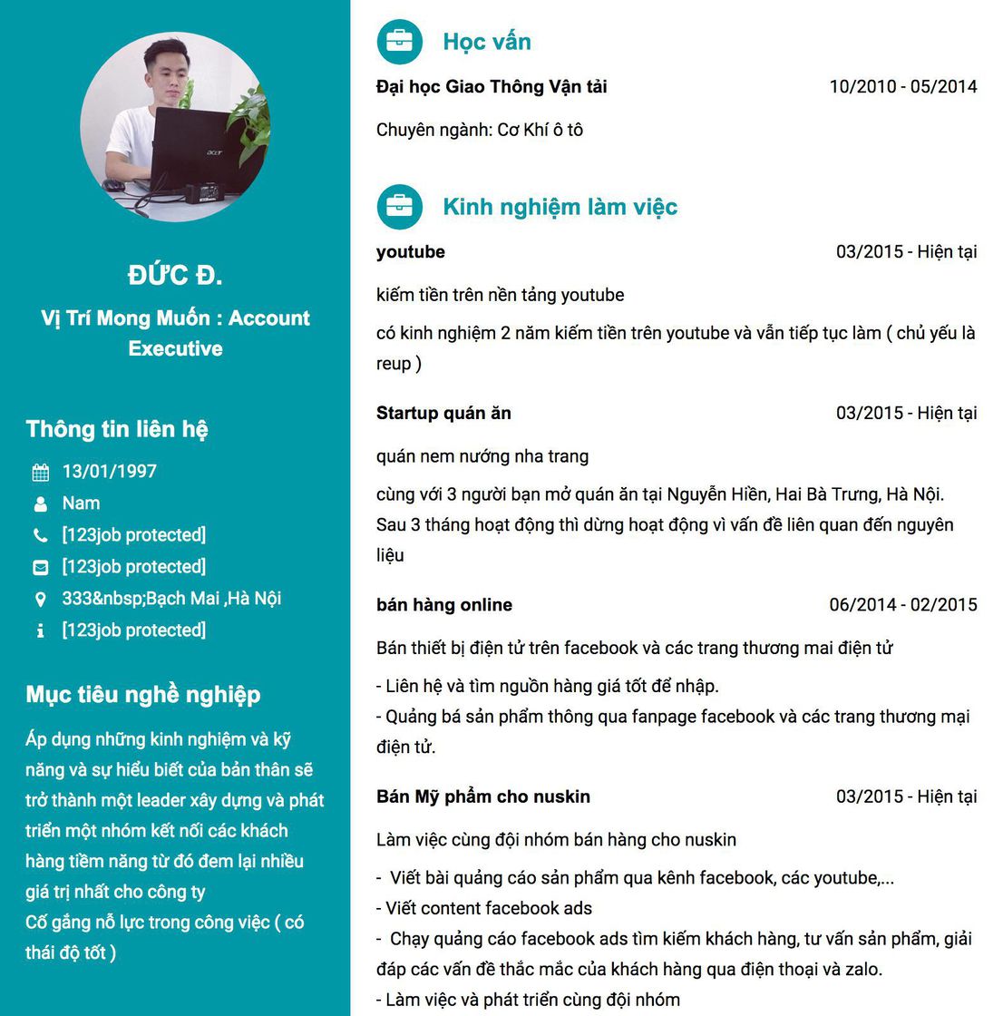 Gợi ý cách viết Mẫu CV tham khảo Vị trí mong muốn : Account Executive 