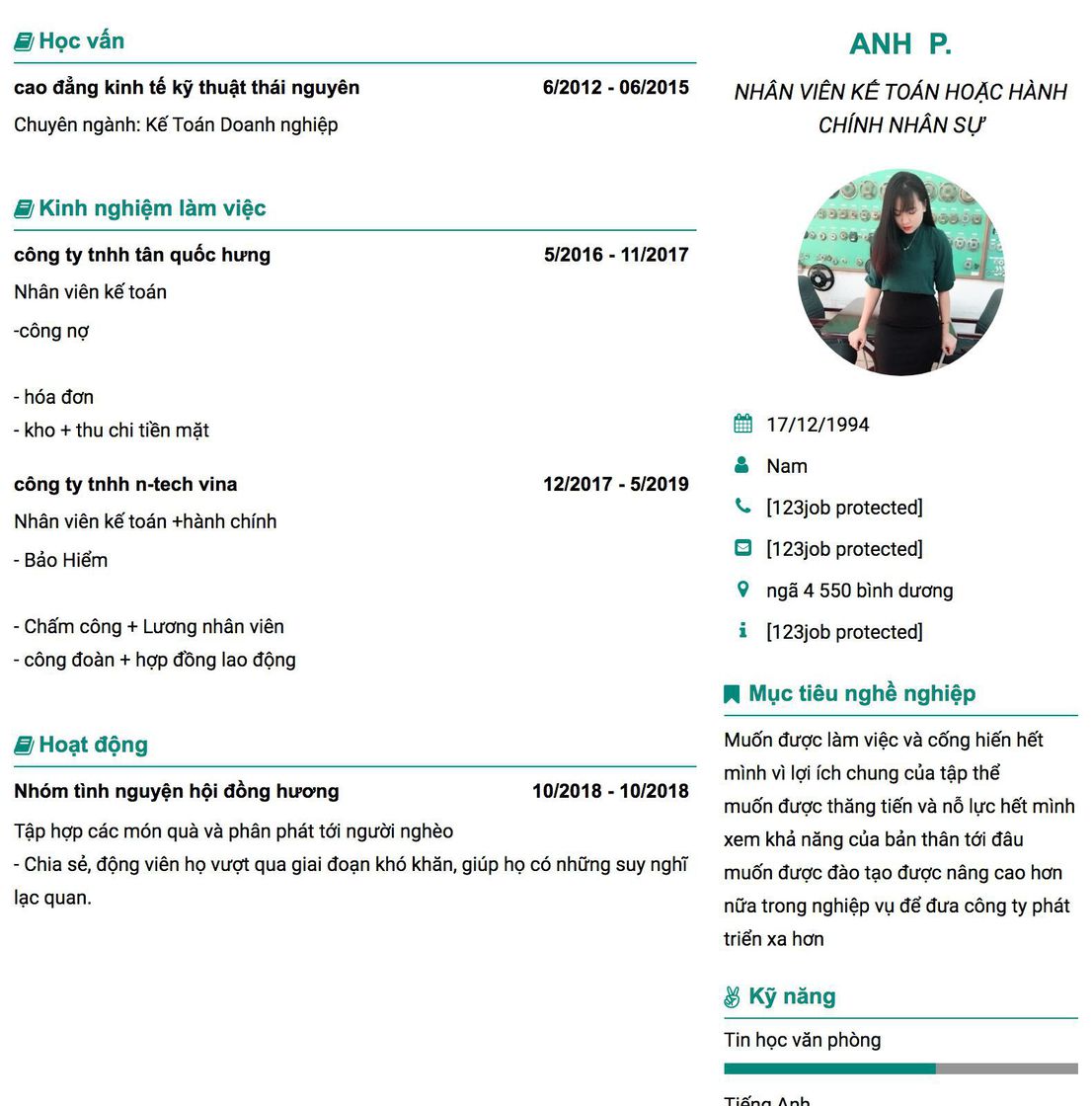 Gợi ý cách viết Mẫu CV tham khảo NHÂN VIÊN KẾ TOÁN HOẶC HÀNH CHÍNH NHÂN SỰ 