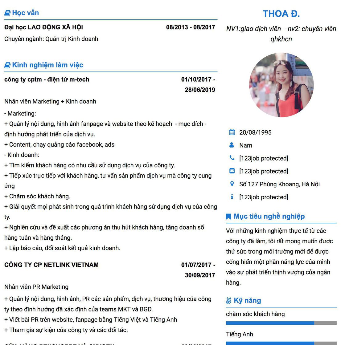 Gợi ý cách viết Mẫu CV tham khảo NV1:giao dịch viên&nbsp; - nv2: chuyên viên qhkhcn 