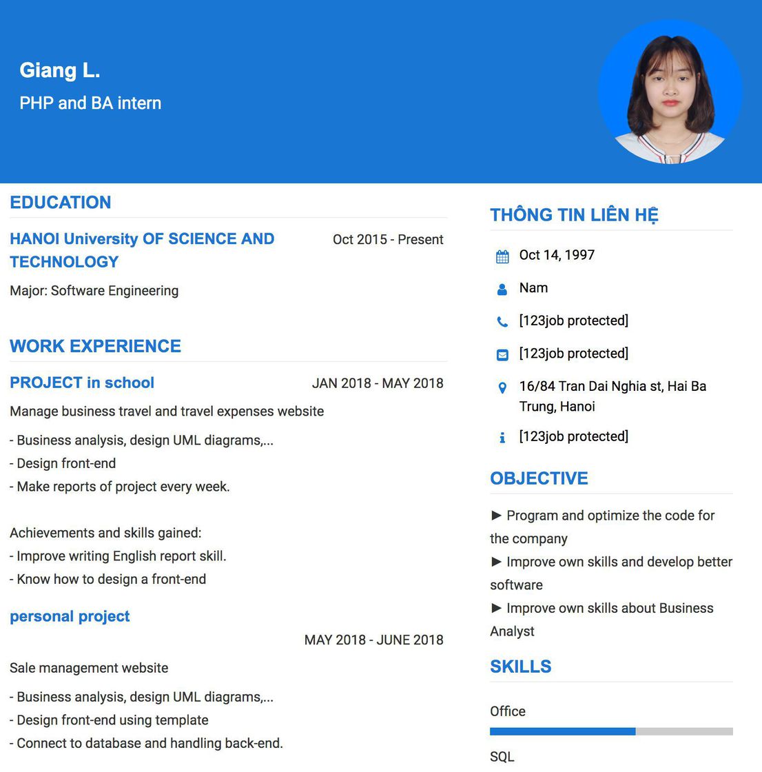 Gợi ý cách viết Mẫu CV tham khảo PHP and BA intern 