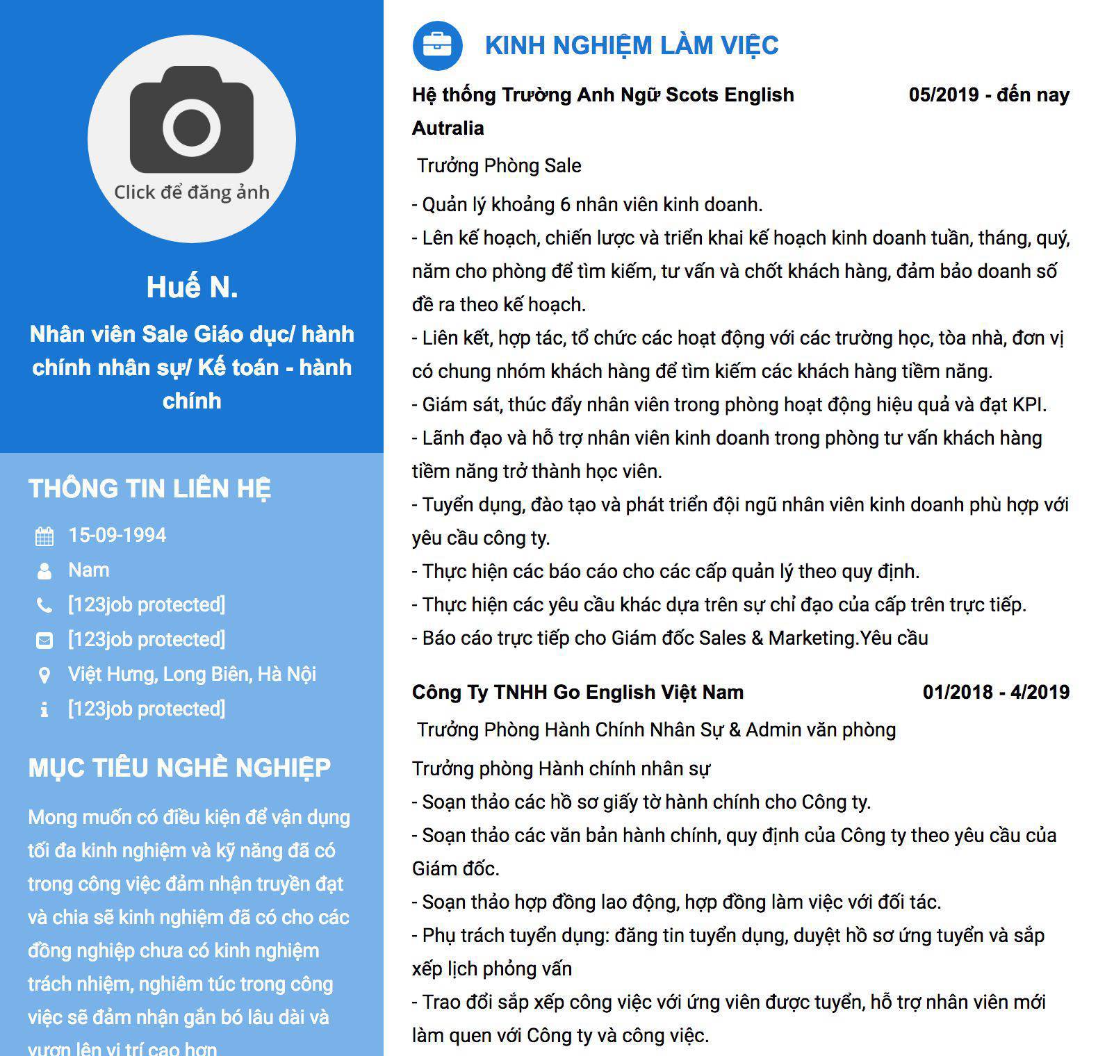 Gợi ý cách viết Mẫu CV tham khảo Nhân viên Sale Giáo dục/ hành chính nhân sự/ Kế toán - hành chính 