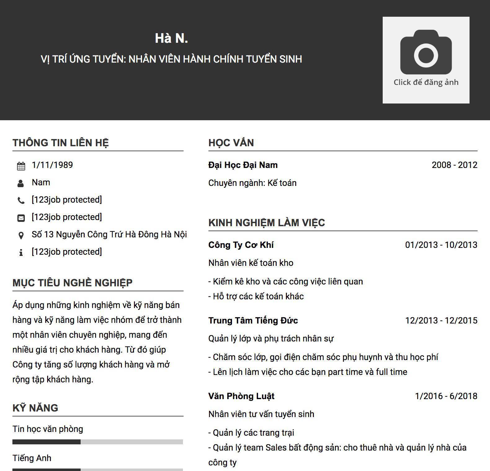 Gợi ý cách viết Mẫu CV tham khảo Vị trí ứng tuyển: nhân viên hành chính tuyển sinh 